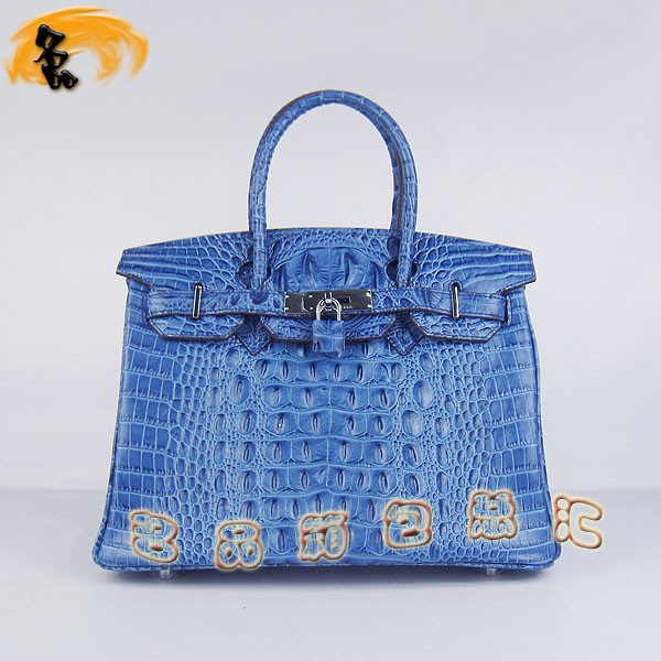 6088 愛馬仕女包 Hermes手提包 Hermes Birkin 鉑金包 鱷魚頭紋(30) 深藍色銀扣
