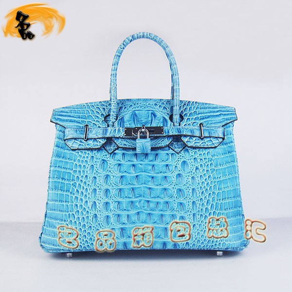 6088 愛馬仕女包 Hermes手提包 Hermes Birkin 鉑金包 鱷魚頭紋(30) 淺藍(lán)色銀扣