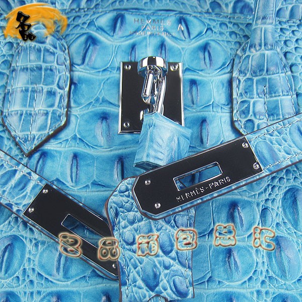 6088 愛馬仕女包 Hermes手提包 Hermes Birkin 鉑金包 鱷魚頭紋(30) 淺藍(lán)色銀扣