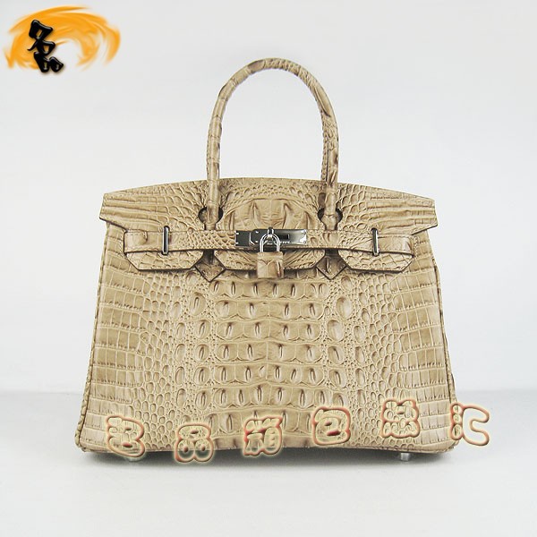 6088 Hermes手提包 Hermes Birkin 鉑金包 愛馬仕女包 鱷魚頭紋(30) 杏色銀扣