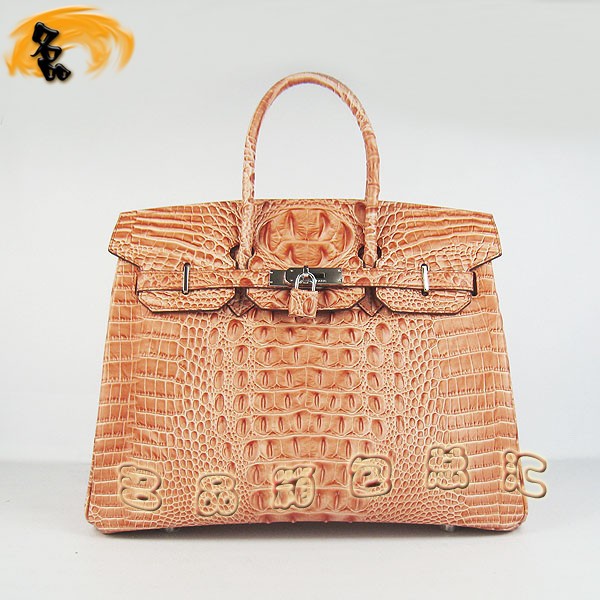 6089 愛馬仕女包 Hermes手提包 Hermes Birkin 鉑金包 鱷魚頭紋(35) 橙色銀扣