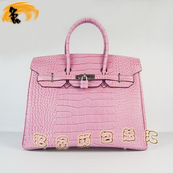 6089 愛馬仕女包 Hermes Birkin 鉑金包 Hermes手提包 鱷魚紋(35) 粉紅色銀扣