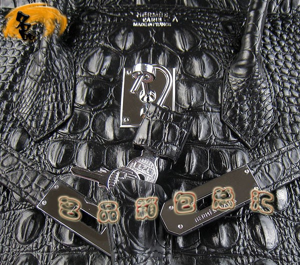 6089 Hermes手提包 Hermes Birkin 鉑金包 愛馬仕女包 鱷魚頭紋(35) 黑色銀扣