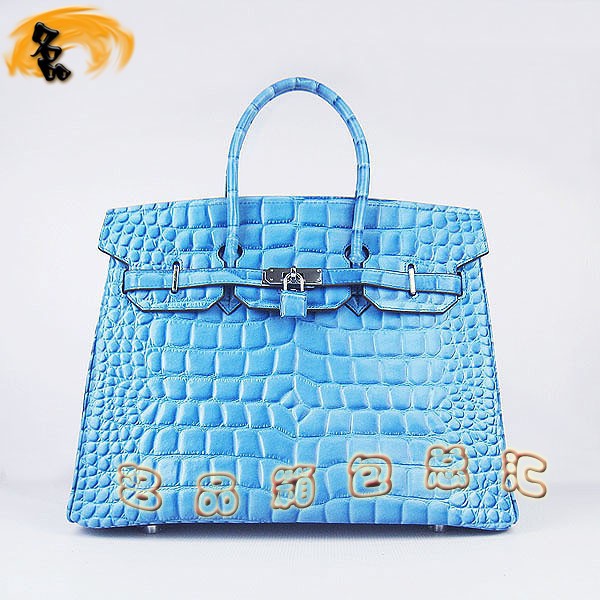 6089 愛馬仕女包 Hermes手提包 Hermes Birkin 鉑金包 鱷魚紋(35) 淺藍色銀扣