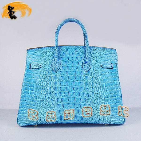6089 Hermes Birkin 鉑金包愛馬仕女包 Hermes手提包 鱷魚頭紋(35) 淺藍色金扣