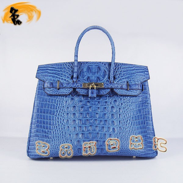 6089 愛馬仕女包 Hermes手提包 Hermes Birkin 鉑金包 鱷魚頭紋(35) 深藍色金扣