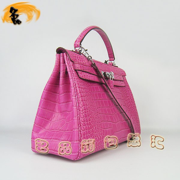 6108 Hermes Kelly系列手提包 Hermes女包 凱莉包 愛(ài)馬仕斜挎包 鱷魚(yú)紋 桃紅色銀扣