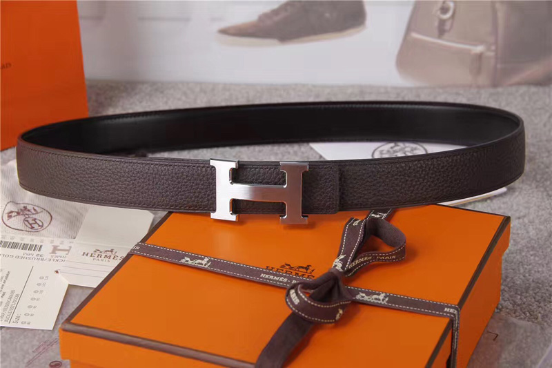 愛馬仕腰帶 Hermès 愛馬仕原單腰帶 經典H拉絲扣頭 海外進口荔枝紋帶條 灰色