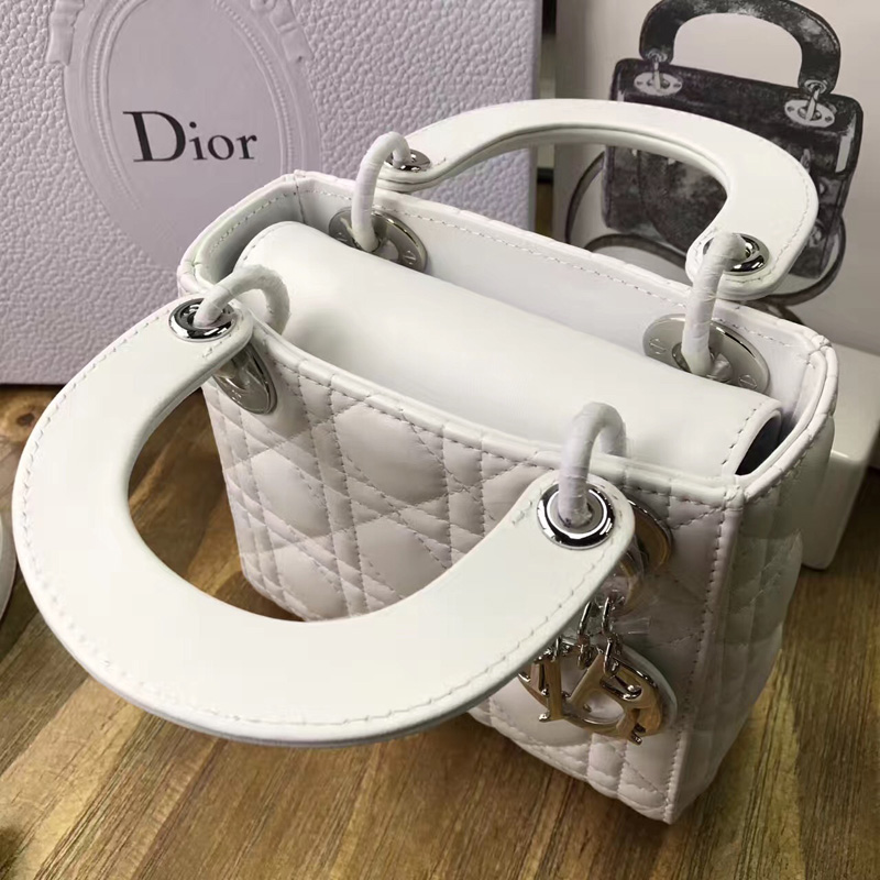 Dior迪奧 Lady Dior 經典迪奧戴妃包 三格 白色羊皮 銀扣