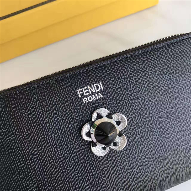 FENDI 芬迪 小牛皮CRAYONS 2017新款 裝飾雙色皮革水晶花朵長款錢包 黑色