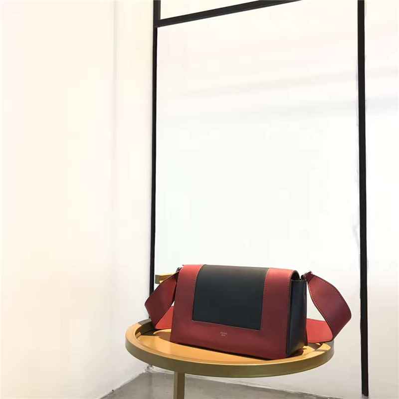 Celine 賽琳 Frame 金扣 時尚拼色小牛皮 斜跨單肩包 杜鵑紅/寶藍