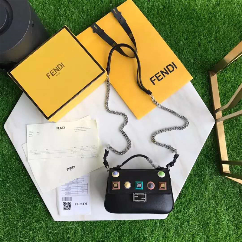 FENDI 1765 17新款小牛皮彩色鉚釘包 雙MICRO BAGUETTE 兩面開合 雙F扣鏈條包 黑色彩色鉚釘