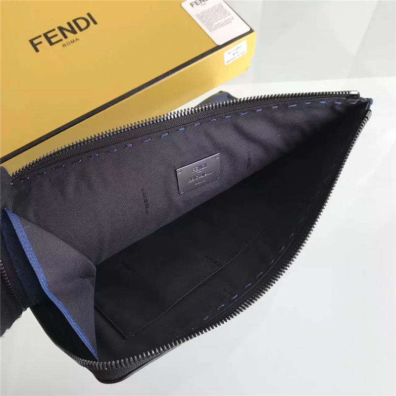 FENDI 芬迪 0225 精選小牛皮荔枝紋加釘腕帶手拿包 藍(lán)色