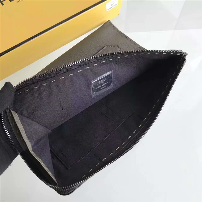 FENDI 芬迪 0225 精選小牛皮荔枝紋加釘腕帶手拿包 啡色