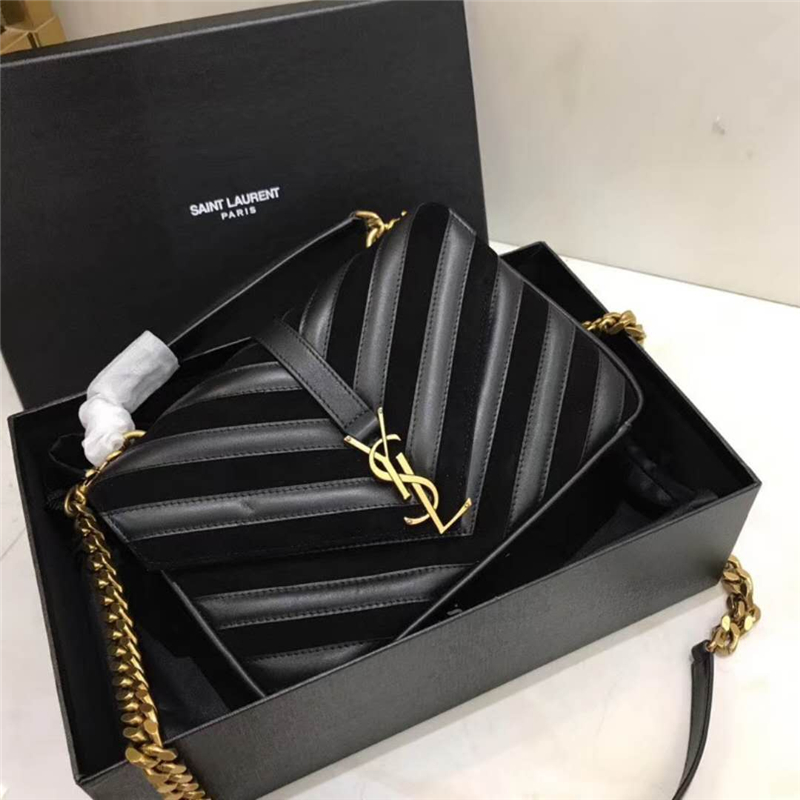 392737 YSL圣羅蘭 麂皮拼羊皮 V紋 中號 鏈條郵差包 黑色