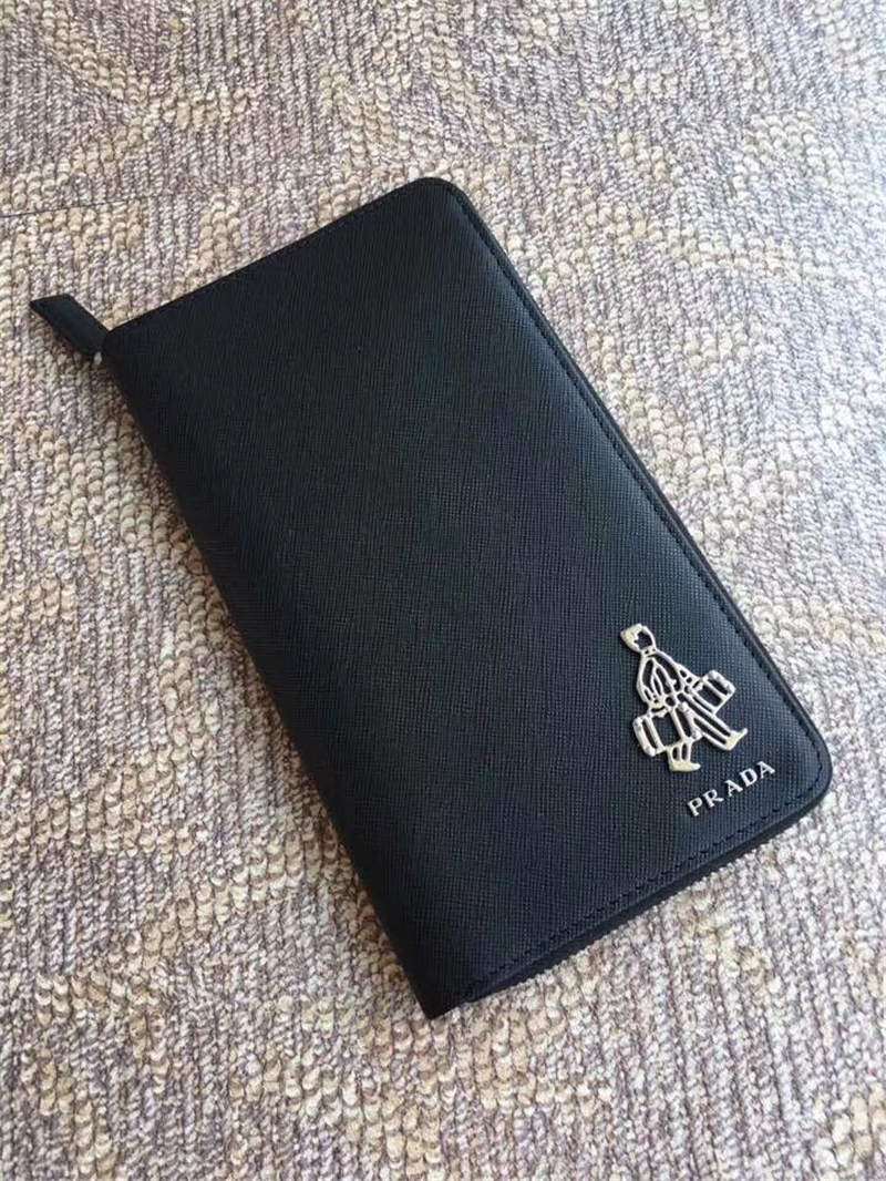 1188 Prada普拉達 小人嘜錢夾 十字紋牛皮 拉鏈長款錢包 黑色