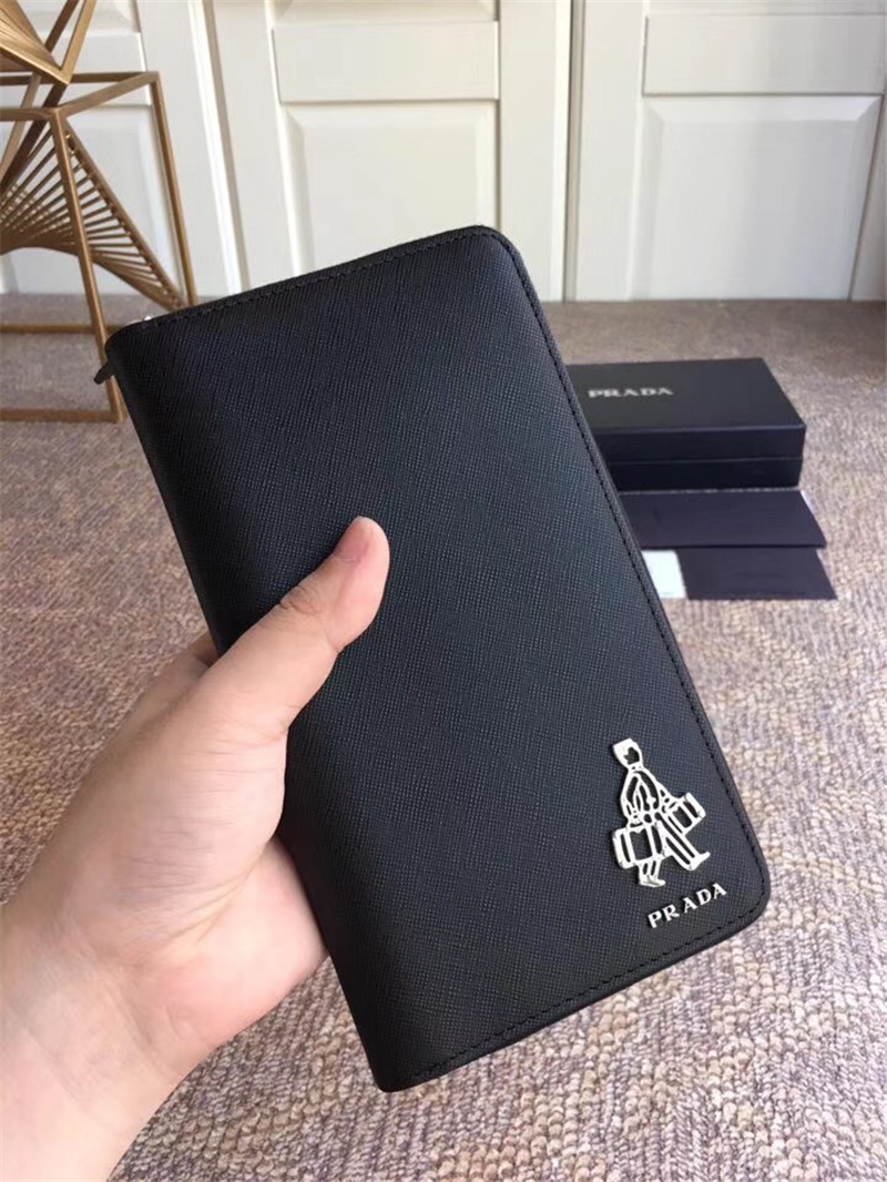 1188 Prada普拉達 小人嘜錢夾 十字紋牛皮 拉鏈長款錢包 黑色