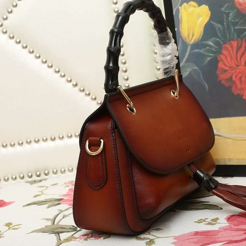 G383929 Gucci女包 胎牛皮 竹節手柄 古馳手提包 Gucci流蘇手提包 棕紅色