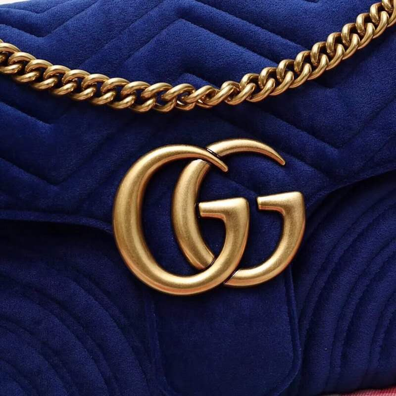 443496 Gucci女包 GG Marmont系列 天鵝絨 大號 古馳鏈條包 Gucci斜挎包 寶藍色