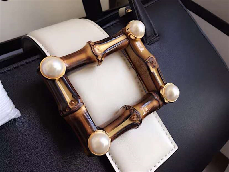 453756 Gucci女包 撞色牛皮 竹節珍珠扣 古馳手提包 寬肩帶單肩包 黑色