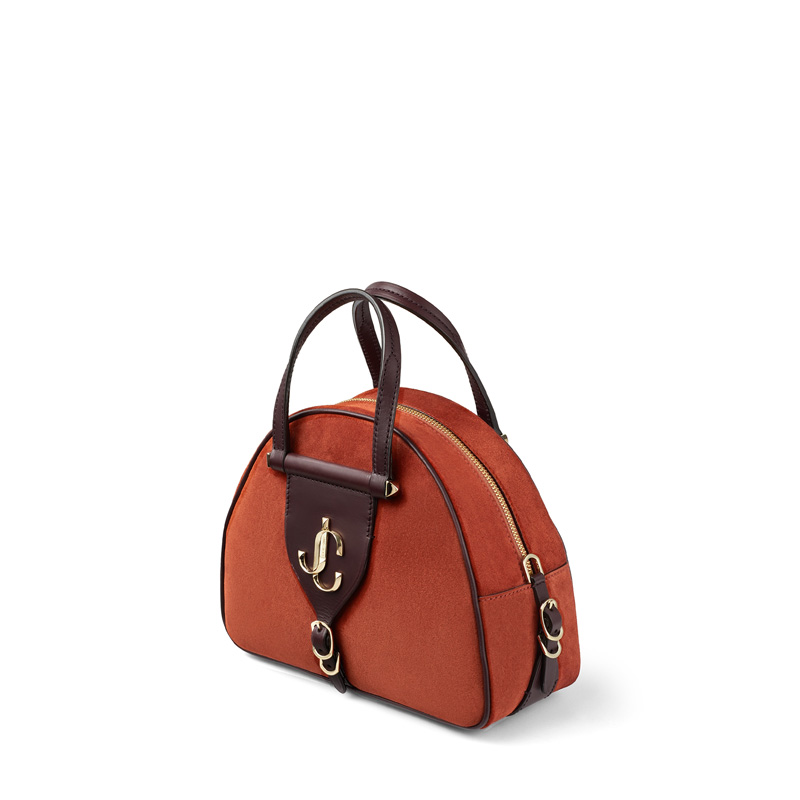 Jimmy Choo VARENNE BOWLING/S 品牌logo裝飾銹紅色麂皮拼紫色植鞣皮保齡球包