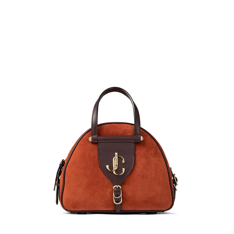 Jimmy Choo VARENNE BOWLING/S 品牌logo裝飾銹紅色麂皮拼紫色植鞣皮保齡球包