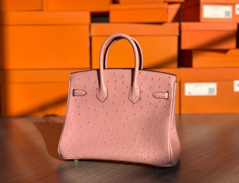 Hermes Birkin 25 愛(ài)馬仕鉑金包 純手工定制版 鴕鳥(niǎo)皮 櫻花粉