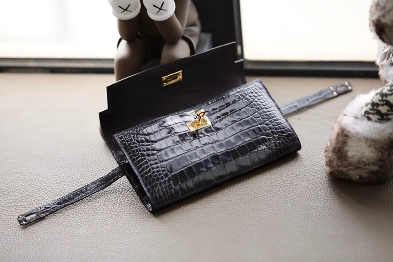 Hermes錢包 愛馬仕Kelly錢包 純手工頂級鱷魚皮 黑色