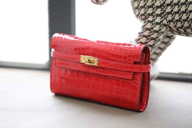 Hermes錢包 愛馬仕Kelly錢包 純手工頂級鱷魚皮 紅色