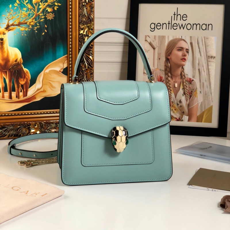 BVLGARI寶格麗 Serpenti Forever系列翻蓋女包 小號手提蛇頭包 青藍色