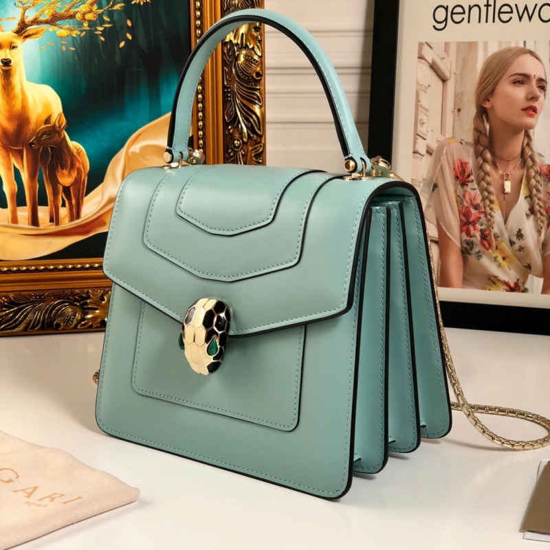 BVLGARI寶格麗 Serpenti Forever系列翻蓋女包 小號手提蛇頭包 青藍色