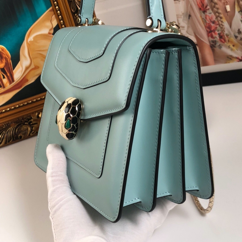 BVLGARI寶格麗 Serpenti Forever系列翻蓋女包 小號手提蛇頭包 青藍色