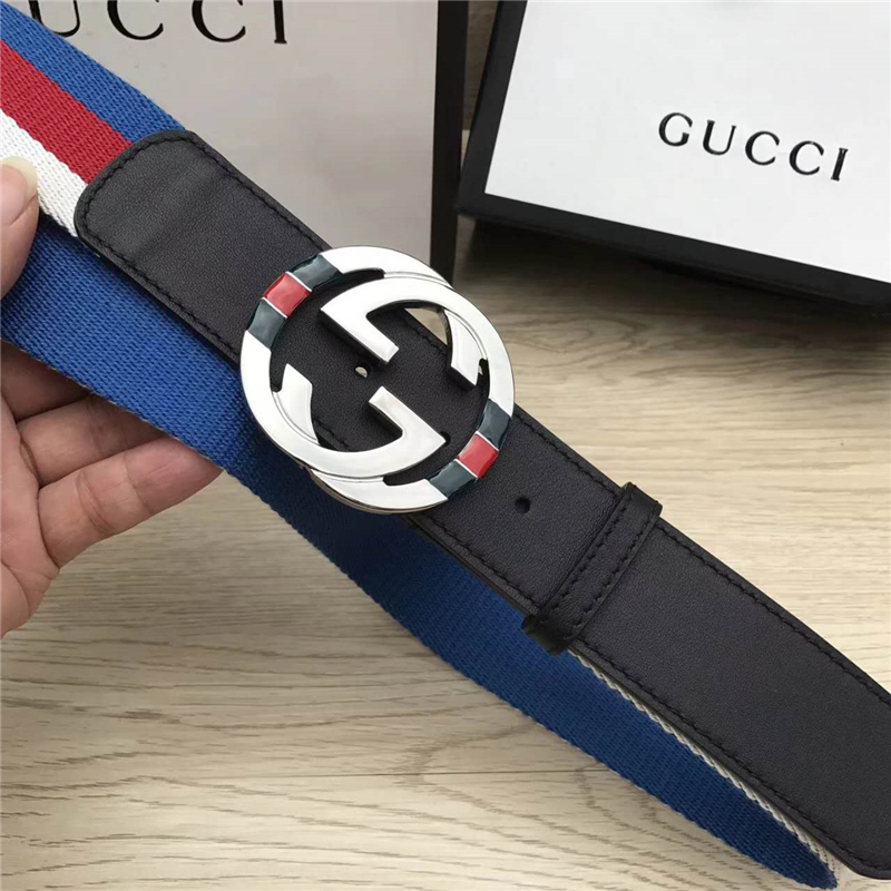 GUCCl NEW原單 彩色織帶配進口牛皮 原單雙G金屬扣頭 黑色