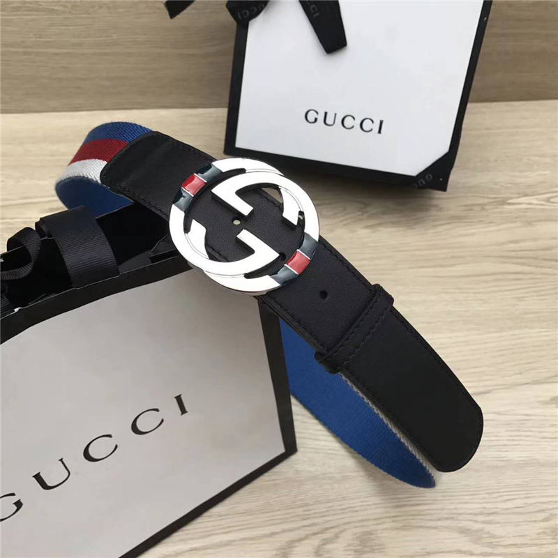 GUCCl NEW原單 彩色織帶配進口牛皮 原單雙G金屬扣頭 黑色