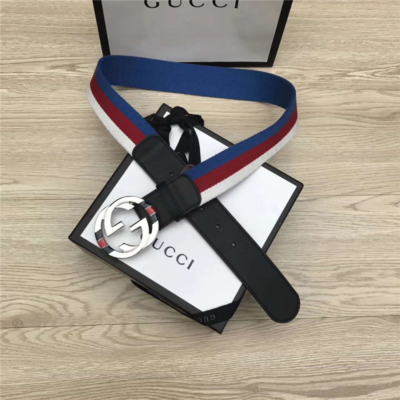 GUCCl NEW原單 彩色織帶配進口牛皮 原單雙G金屬扣頭 黑色