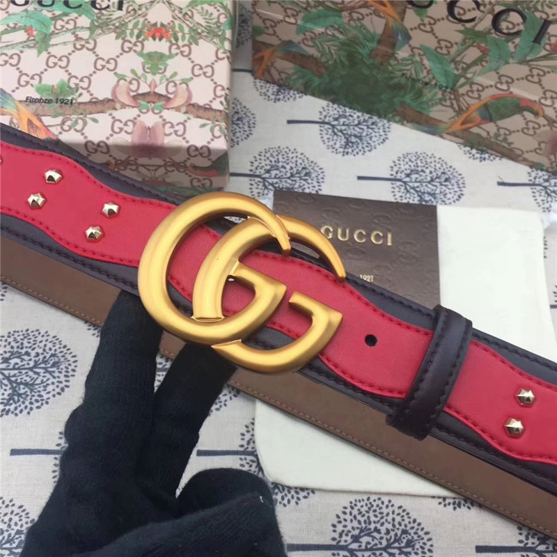 Gucci 古馳 歐洲專柜新款 純手工鑲釘 原版古銅金屬扣頭 雙G腰帶 紅配黑
