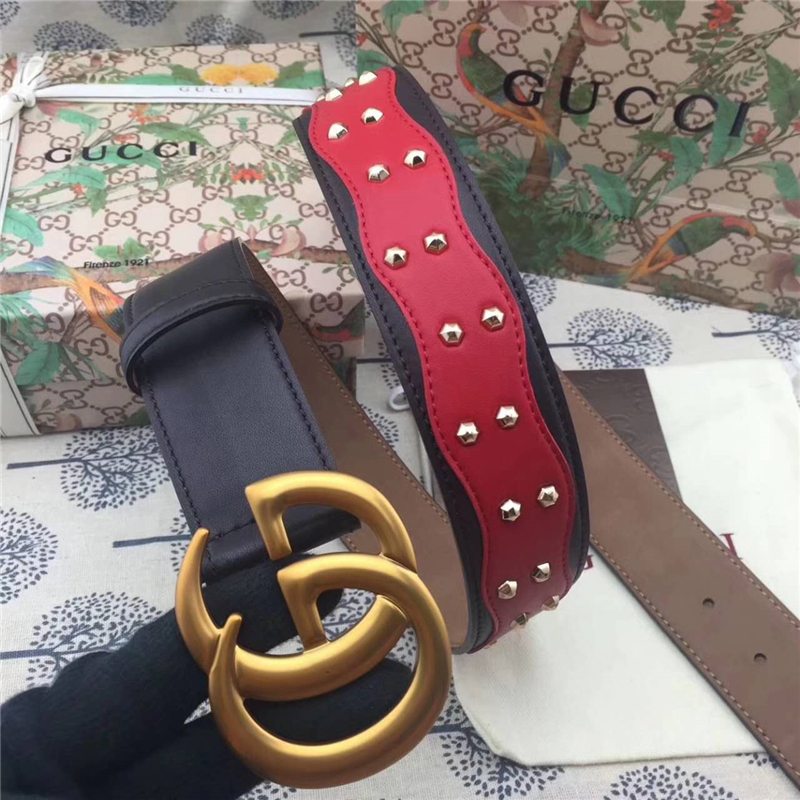 Gucci 古馳 歐洲專柜新款 純手工鑲釘 原版古銅金屬扣頭 雙G腰帶 紅配黑