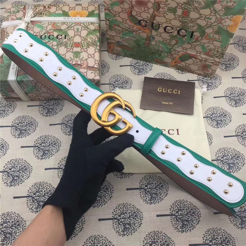 Gucci 古馳 歐洲專柜新款 純手工鑲釘 原版古銅金屬扣頭 雙G腰帶 綠配白