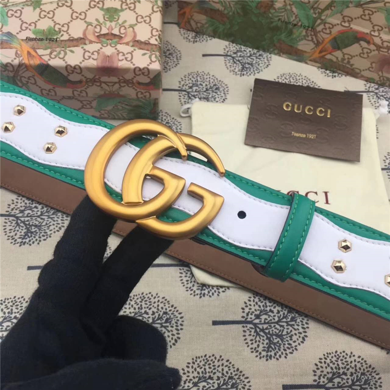 Gucci 古馳 歐洲專柜新款 純手工鑲釘 原版古銅金屬扣頭 雙G腰帶 綠配白