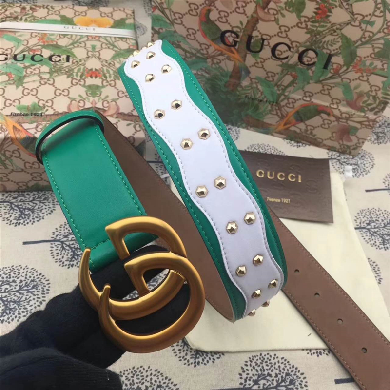 Gucci 古馳 歐洲專柜新款 純手工鑲釘 原版古銅金屬扣頭 雙G腰帶 綠配白