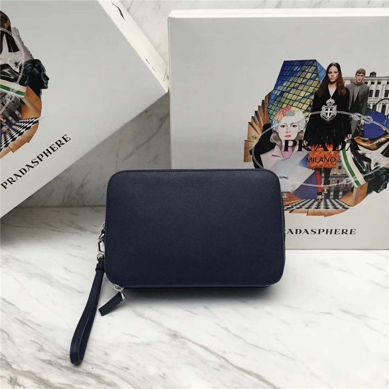 2VF052 Prada普拉達 男士經(jīng)典升級版 拼角嘜 男士雙拉鏈手抓包 藍色絲印