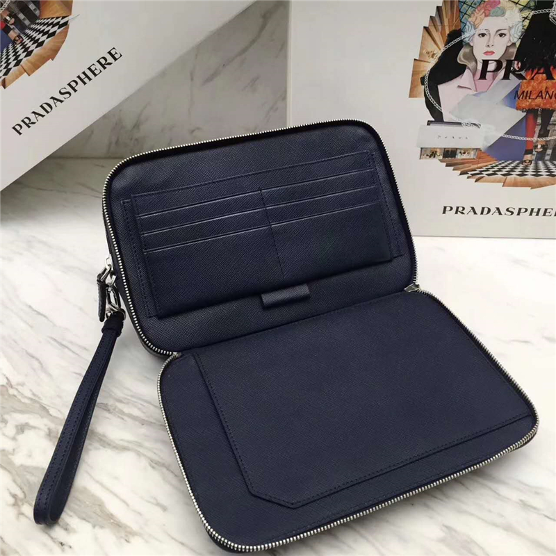 2VF052 Prada普拉達 男士經(jīng)典升級版 拼角嘜 男士雙拉鏈手抓包 藍色絲印