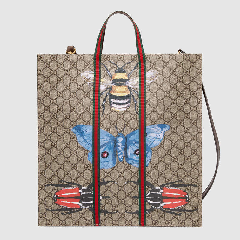 493610 GUCCI 古馳 昆蟲印花 GG Supreme 高級人造帆布 購物袋 烏木色