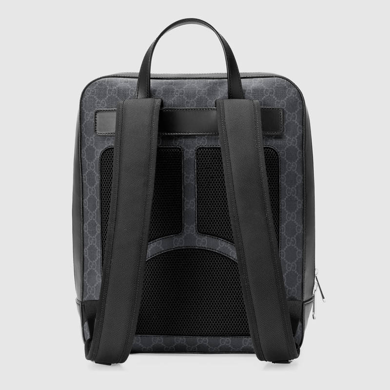 478324 GUCCI 氣場貓貼花 GG Supreme高級人造帆布 雙肩背包 黑灰色