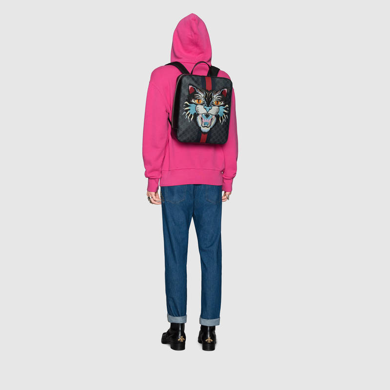 478324 GUCCI 氣場貓貼花 GG Supreme高級人造帆布 雙肩背包 黑灰色