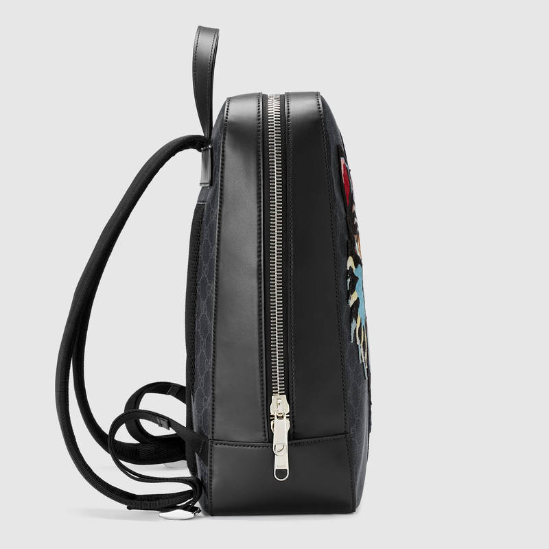 478324 GUCCI 氣場貓貼花 GG Supreme高級人造帆布 雙肩背包 黑灰色