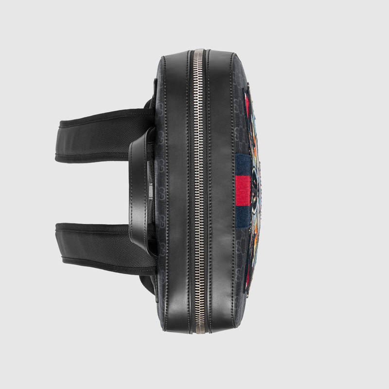 478324 GUCCI 氣場貓貼花 GG Supreme高級人造帆布 雙肩背包 黑灰色