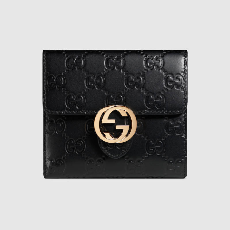 369676 Gucci標志 Gucci Signature系列 法式翻蓋 短款皮夾 黑色