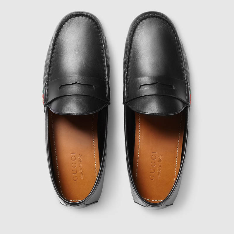 407635 GUCCI 織帶和蜜蜂裝飾 真皮平跟船鞋 駕車鞋 黑色