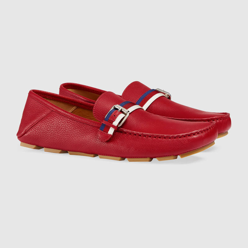 473766 GUCCI Sylvie 系列 織帶搭扣裝飾 柔軟皮革 駕車鞋 芙蓉紅